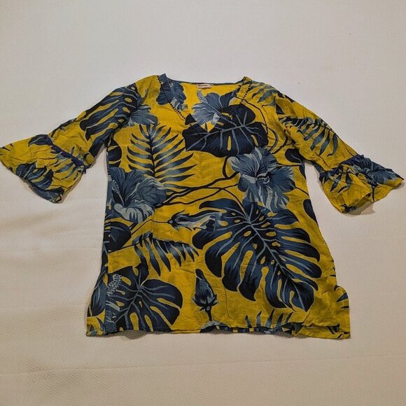 Azucar Women’s Large Yellow Blue Tropical Monstera Leaf Swim Coverup - Picture 5 of 5